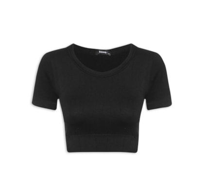 Blusa Feminina Cropped Canelada Gola Redonda - Preto
