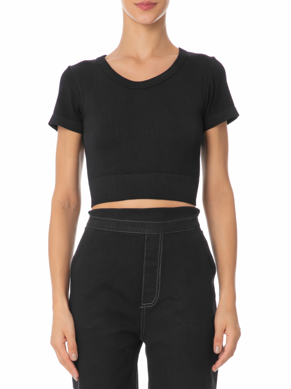 Blusa Feminina Cropped Canelada Gola Redonda Preto Basiq