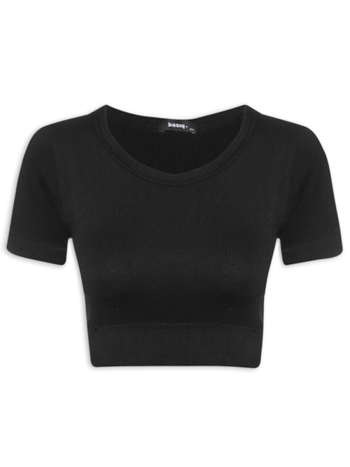 Blusa Feminina Cropped Canelada Gola Redonda - Preto