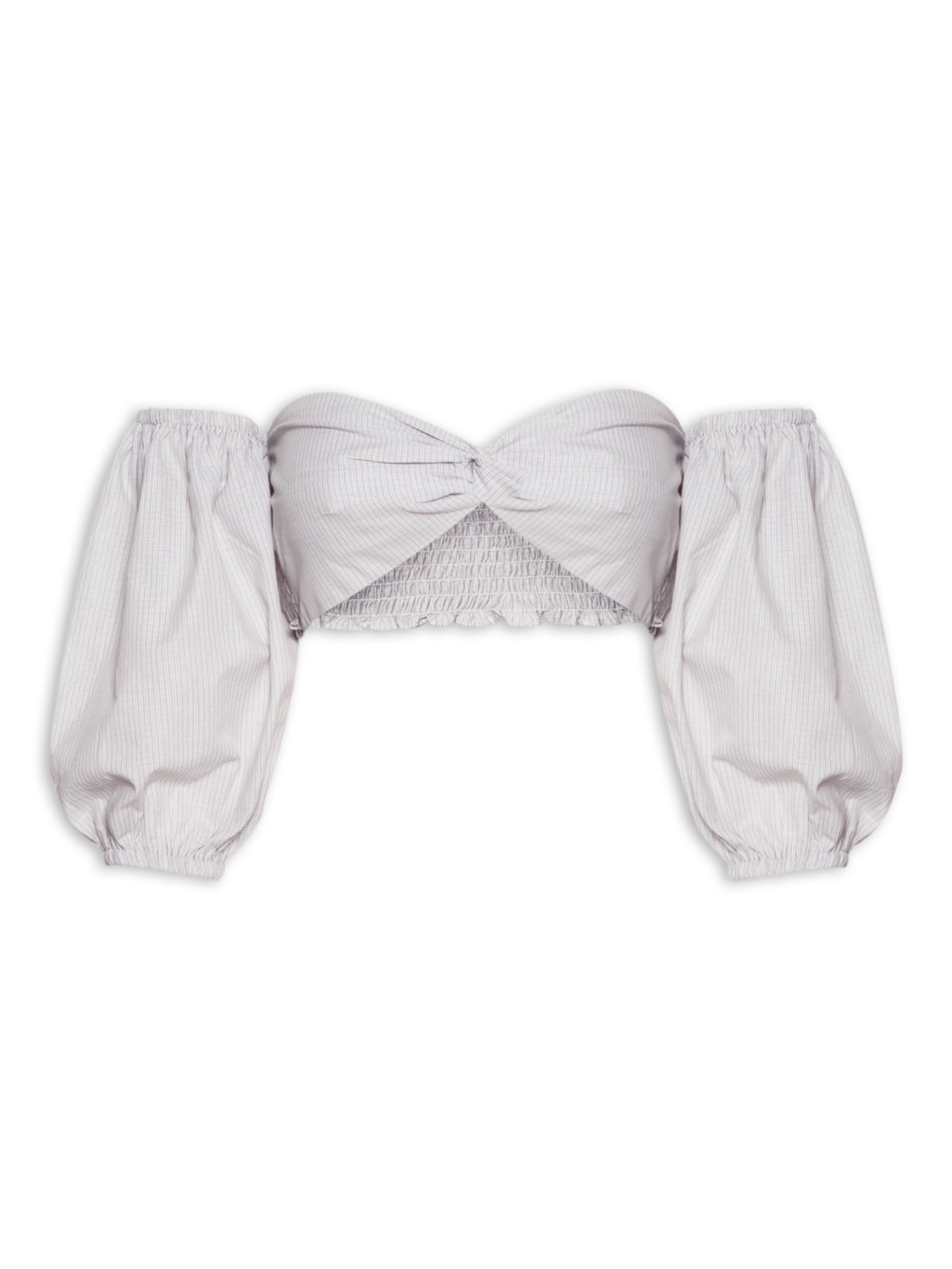 Blusa Feminina Cropped Ciganinha Com Manga Balone e Torção No Centro Do Decote Cinza Market 33