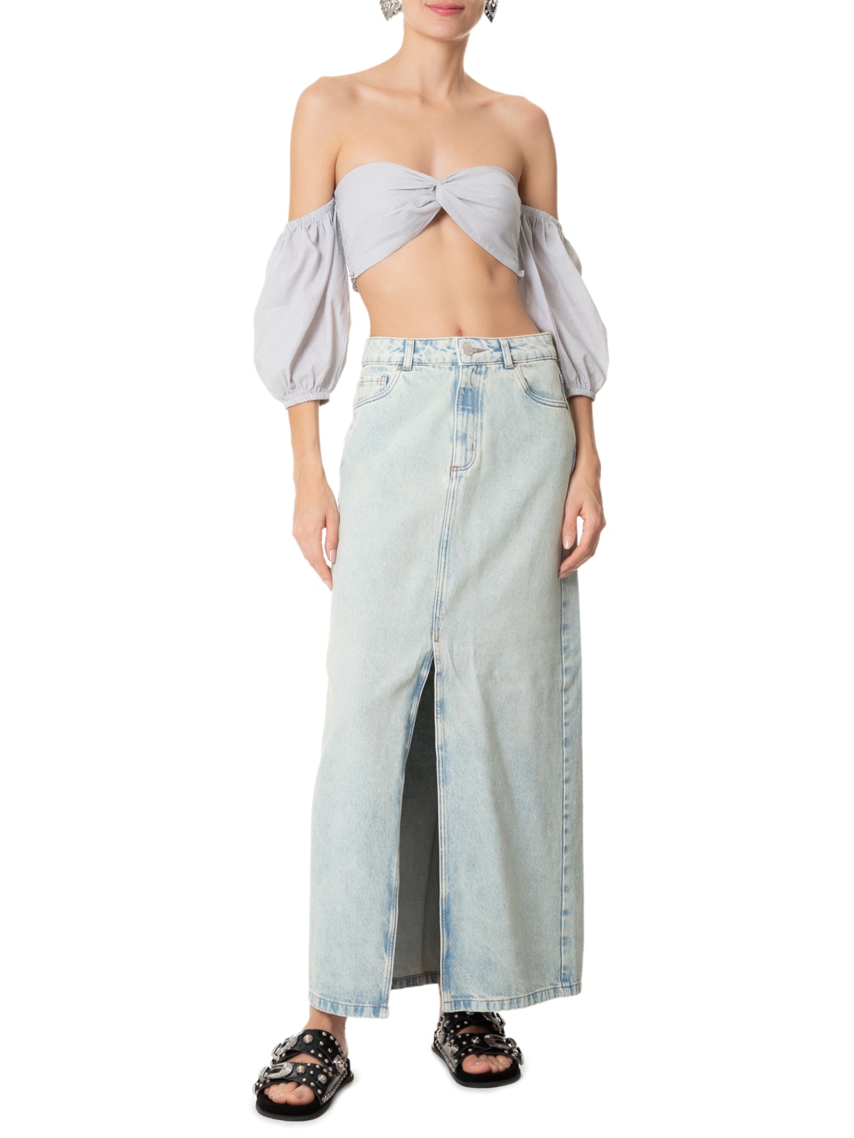 Blusa Feminina Cropped Ciganinha Com Manga Balone e Torção No Centro Do Decote Cinza Market 33