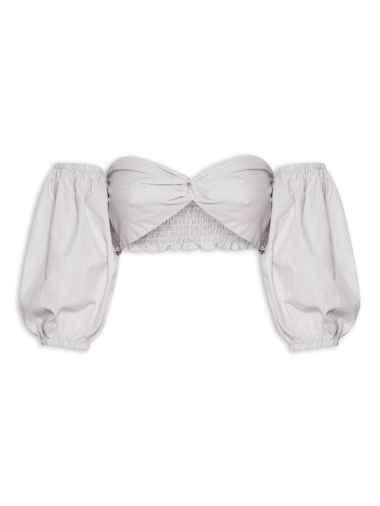 Blusa Feminina Cropped Ciganinha Com Manga Balone e Torção No Centro Do Decote - Cinza