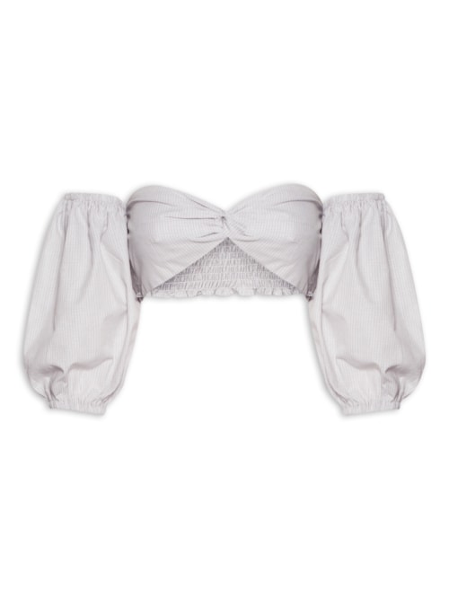 Blusa Feminina Cropped Ciganinha Com Manga Balone e Torção No Centro Do Decote - Cinza