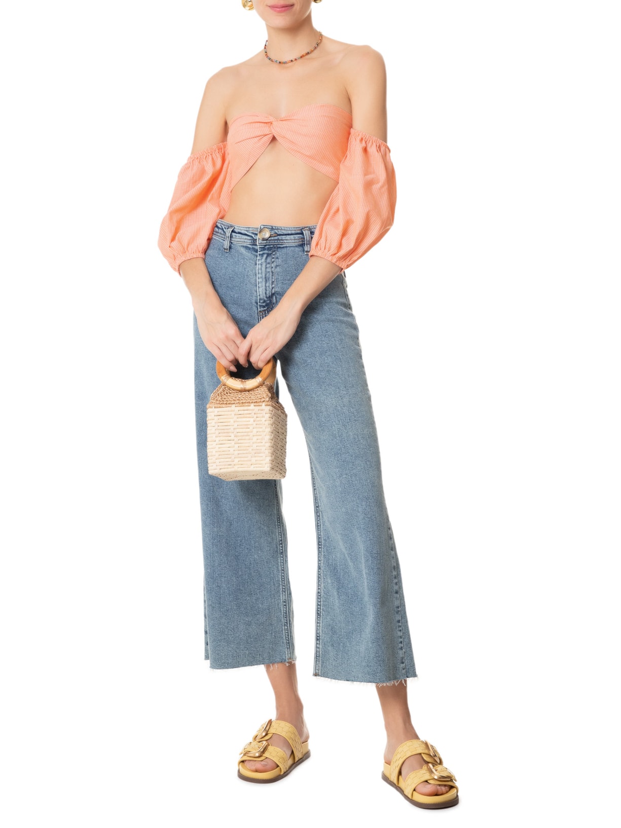 Blusa Feminina Cropped Ciganinha Com Manga Balone e Torção No Centro Do Decote Laranja  Market 33