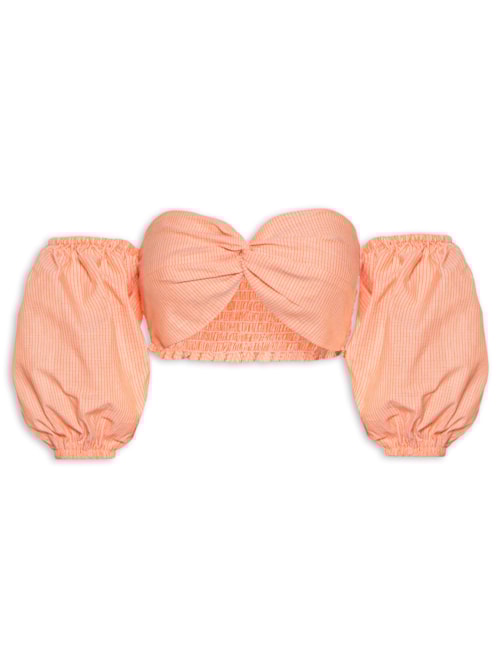 Blusa Feminina Cropped Ciganinha Com Manga Balone e Torção No Centro Do Decote - Laranja