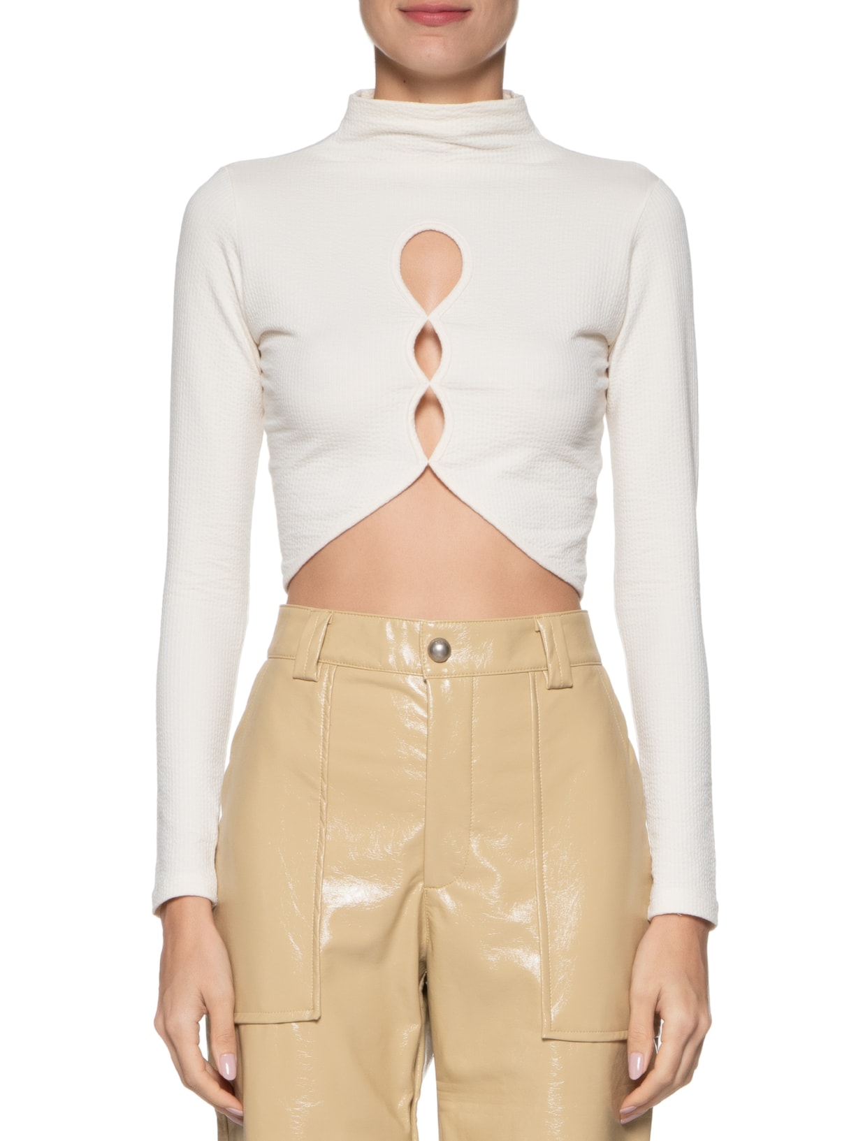 Blusa Feminina Cropped Com Aberturas Frontais Bege Market 33