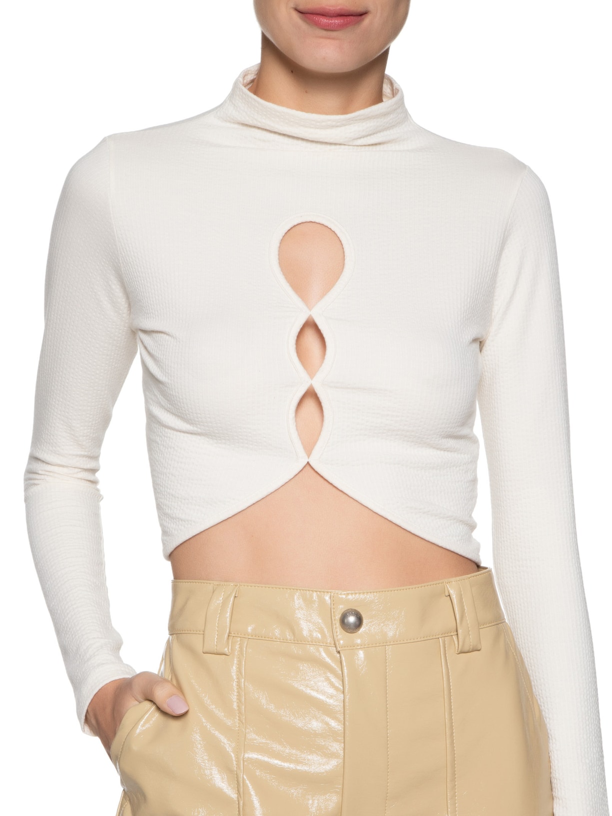 Blusa Feminina Cropped Com Aberturas Frontais Bege Market 33