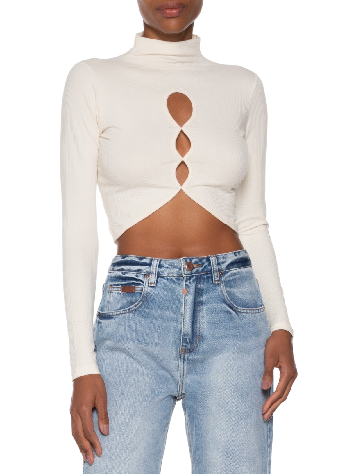 Blusa Feminina Cropped Com Aberturas Frontais Bege Market 33