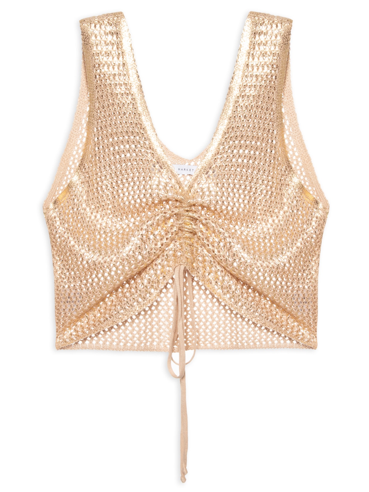 Blusa Feminina Cropped Com Amarração No Decote Em Tricot Com Foil - Dourado