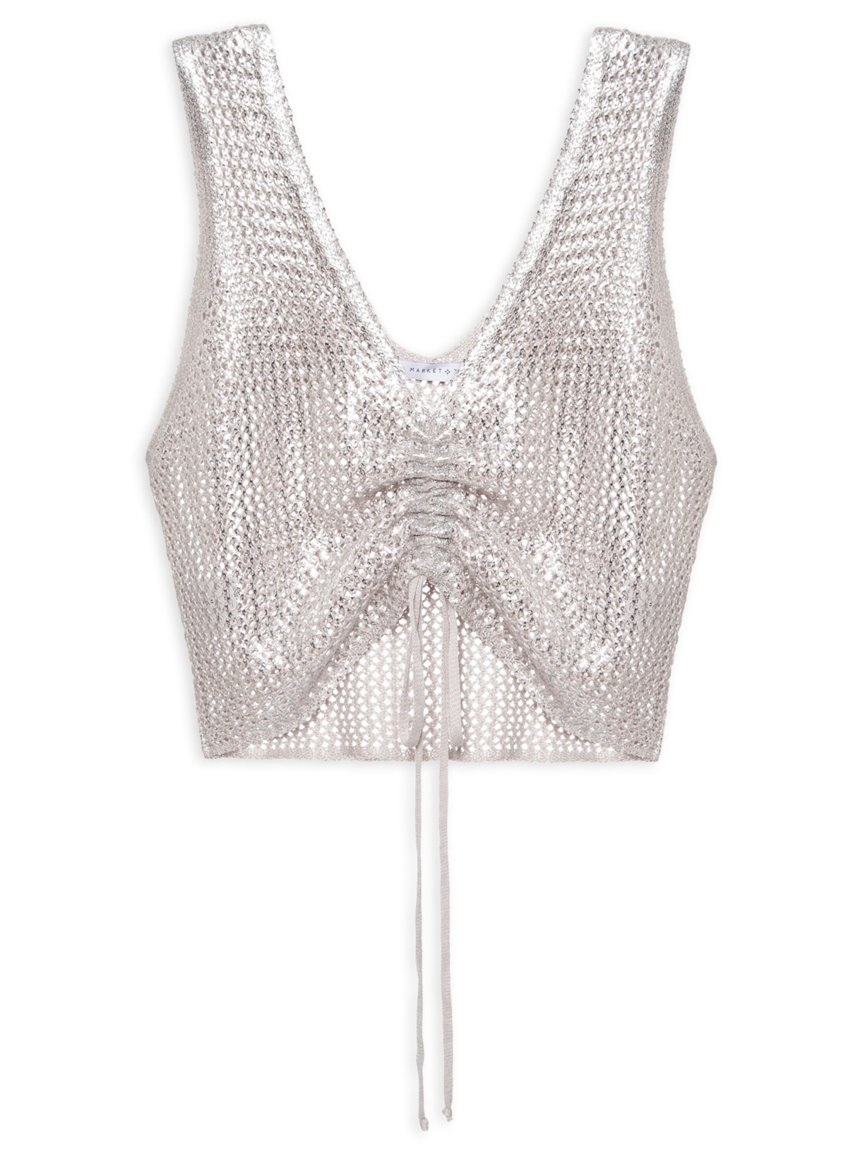 Blusa Feminina Cropped Com Amarração No Decote Em Tricot Com Foil - Prata