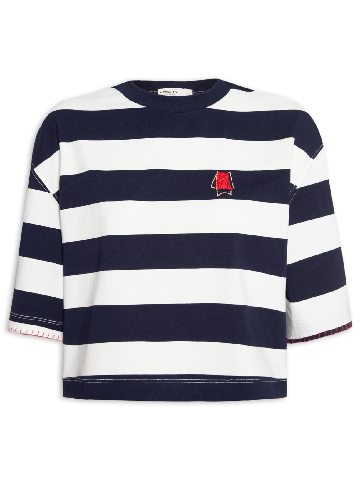 Blusa Feminina Cropped Com Bordado Estampado Listra - Branco