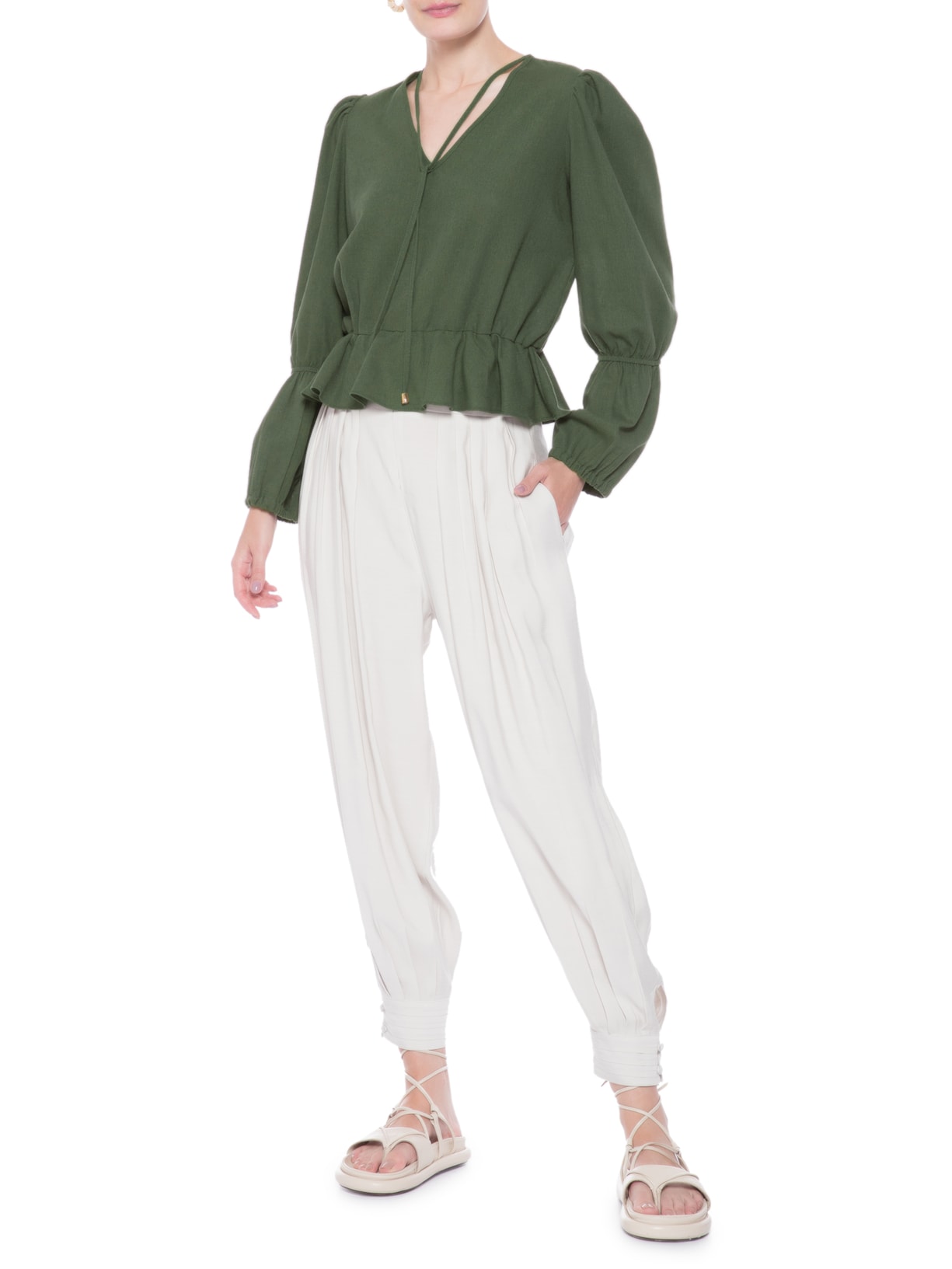 Blusa Feminina Cropped Em Linho Misto Decote V Verde '2Essential