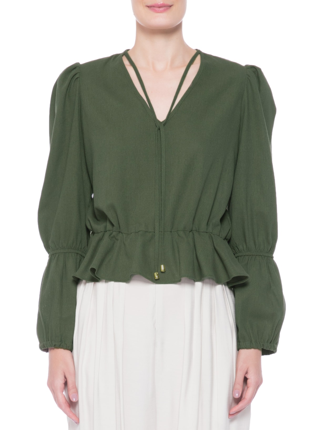 Blusa Feminina Cropped Em Linho Misto Decote V Verde '2Essential