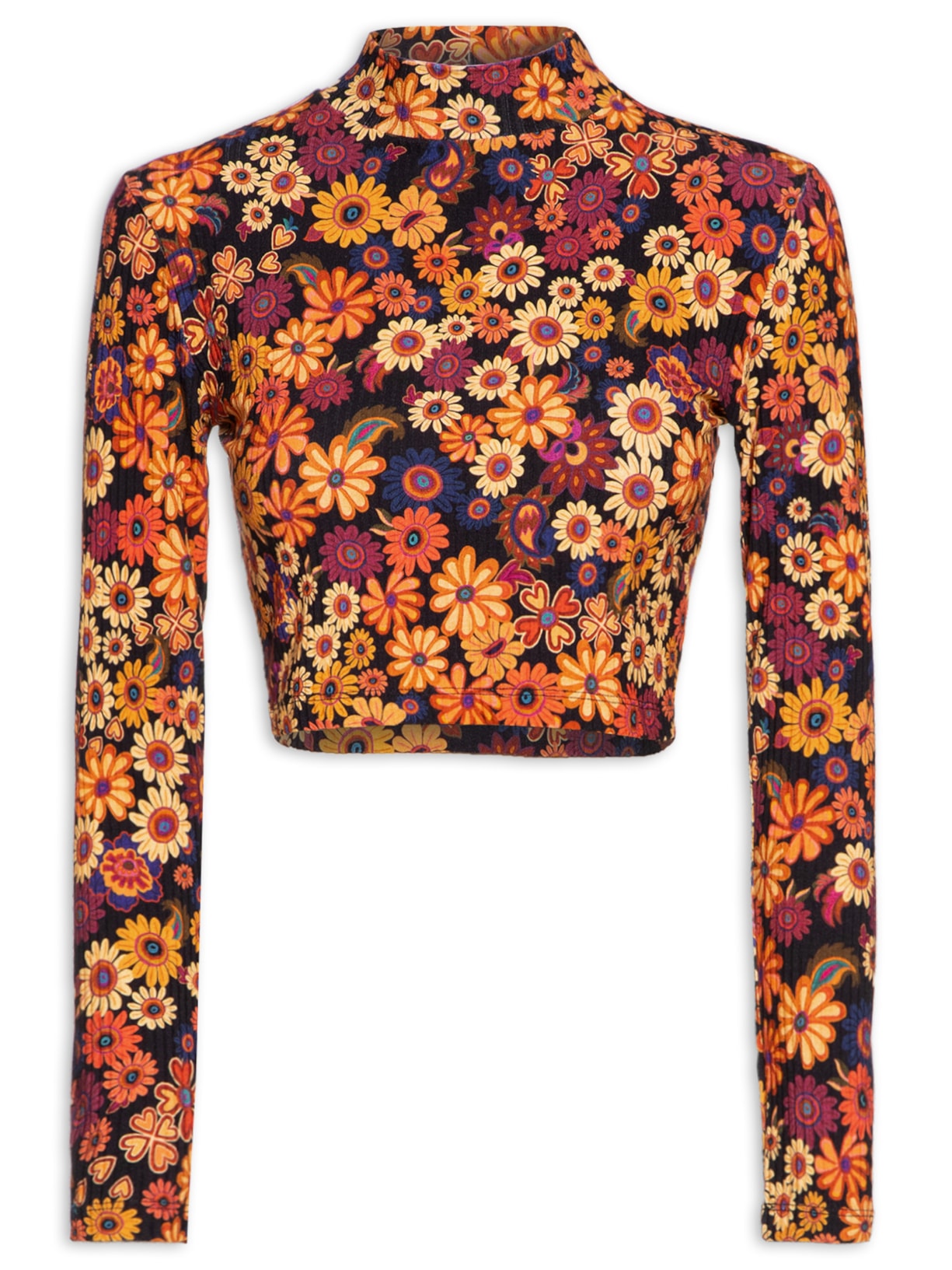 Blusa Feminina Cropped Gola Alta Estampa Bem Querer - Laranja