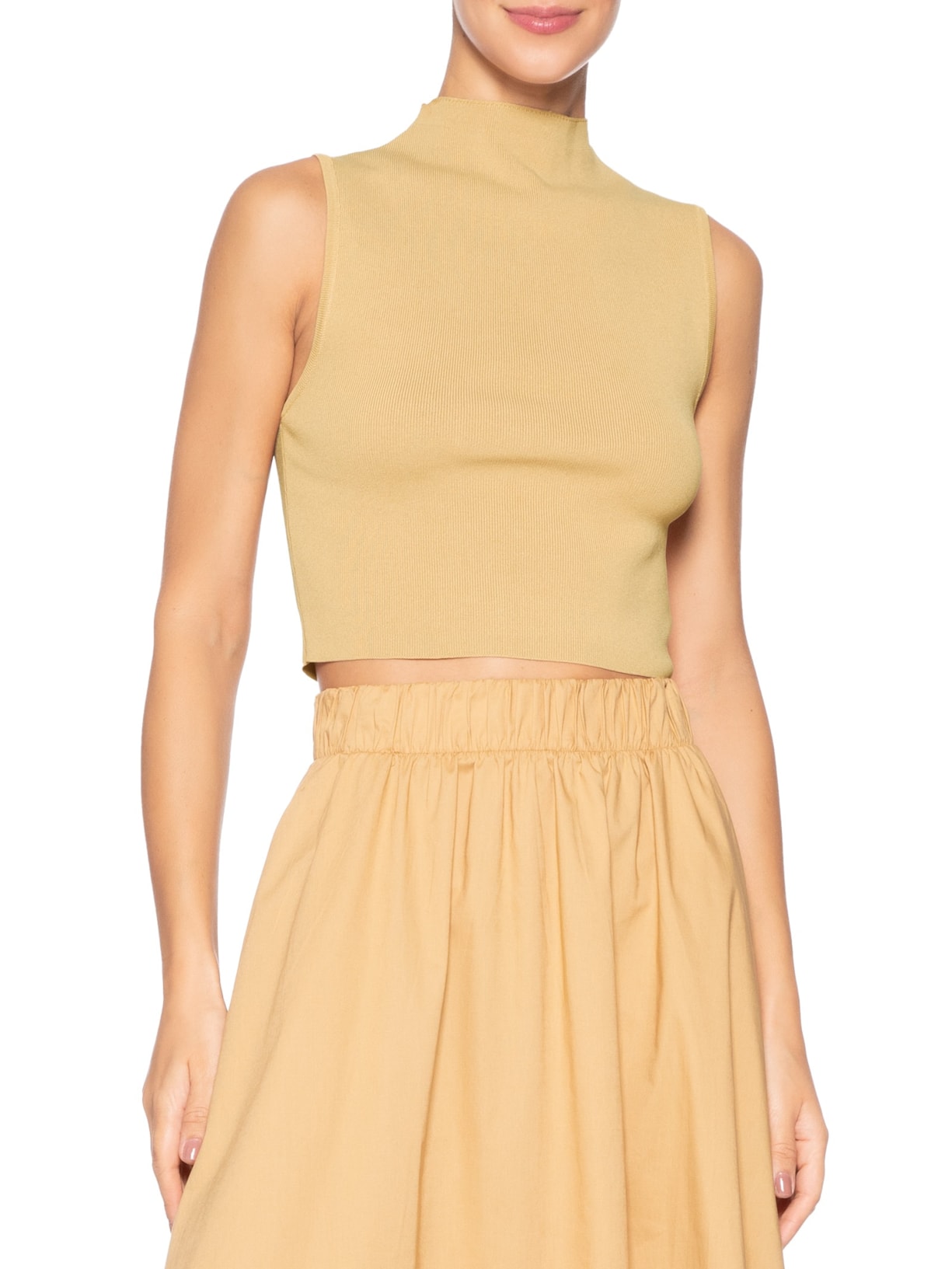 Blusa Feminina Cropped Gola Alta Tricot Color Bege Animale