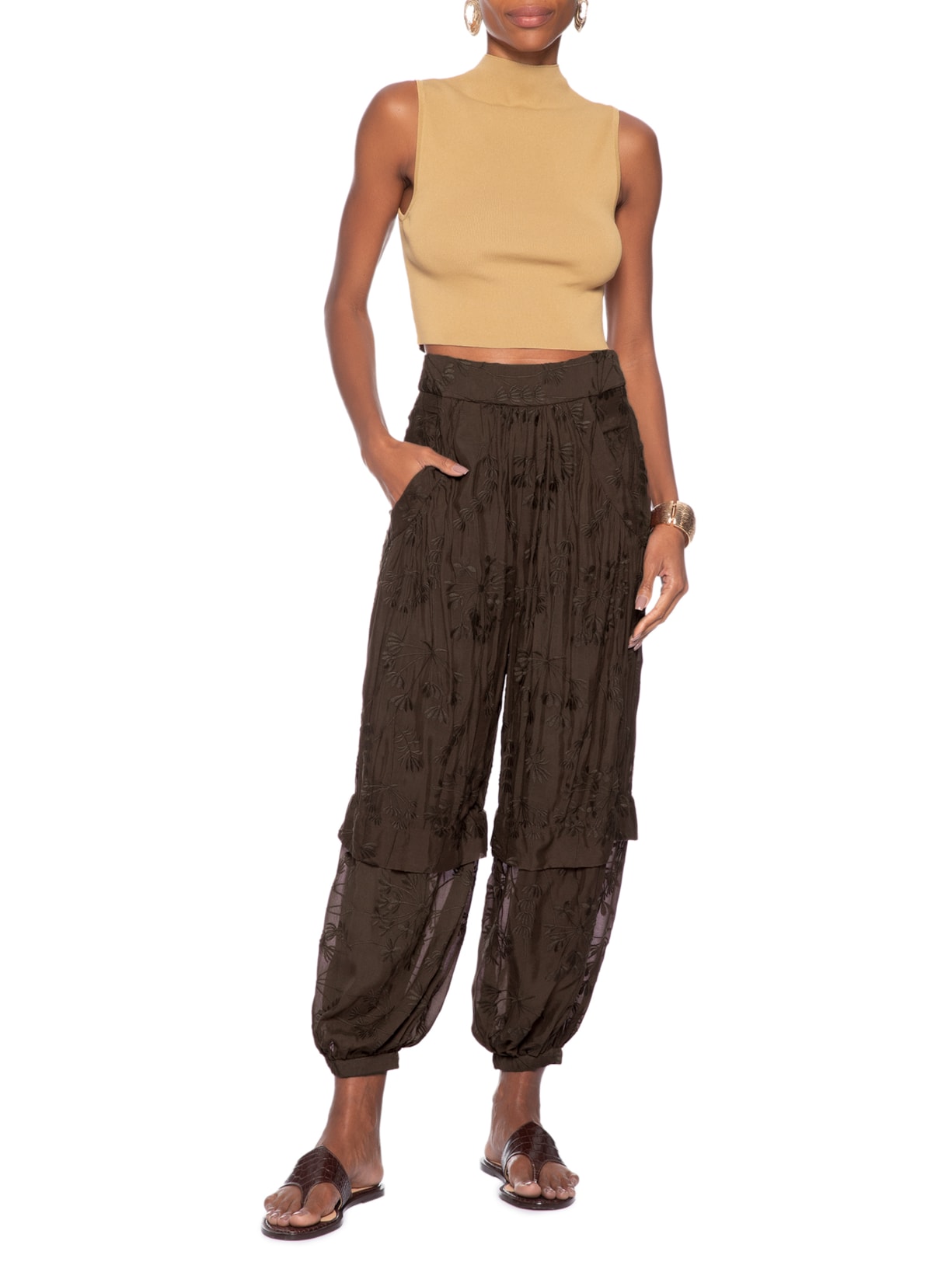 Blusa Feminina Cropped Gola Alta Tricot Color Marrom Animale