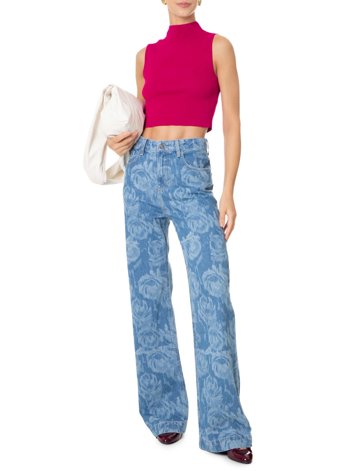 Blusa Feminina Cropped Gola Alta Tricot Color Rosa Animale