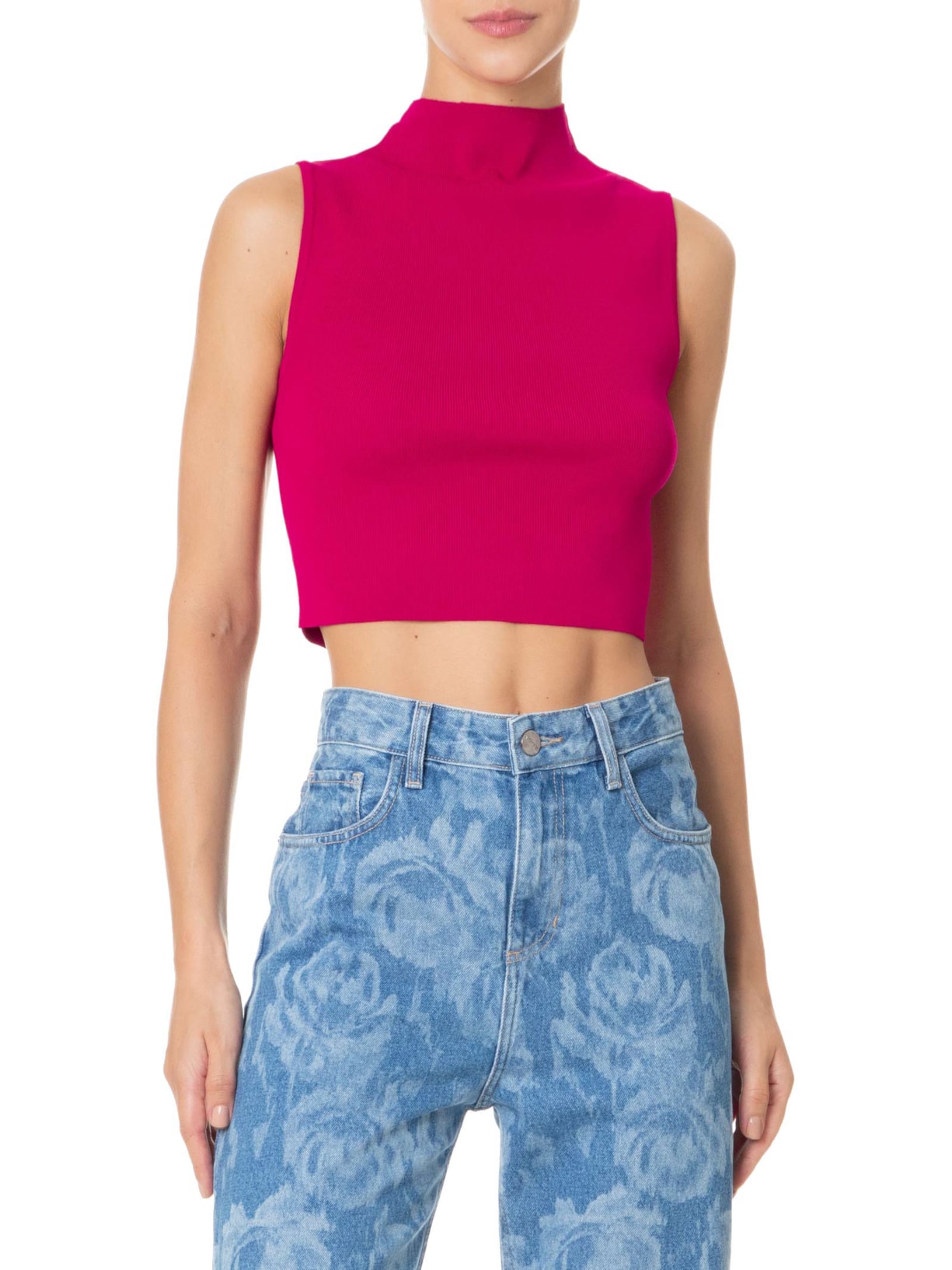 Blusa Feminina Cropped Gola Alta Tricot Color Rosa Animale