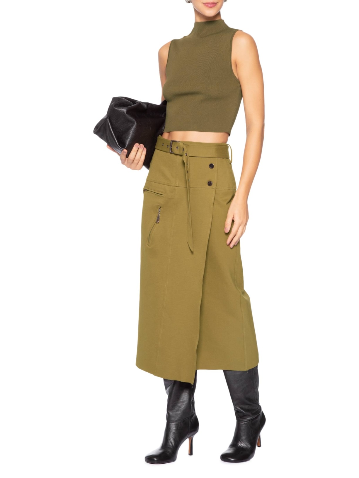 Blusa Feminina Cropped Gola Alta Tricot Color Verde Animale