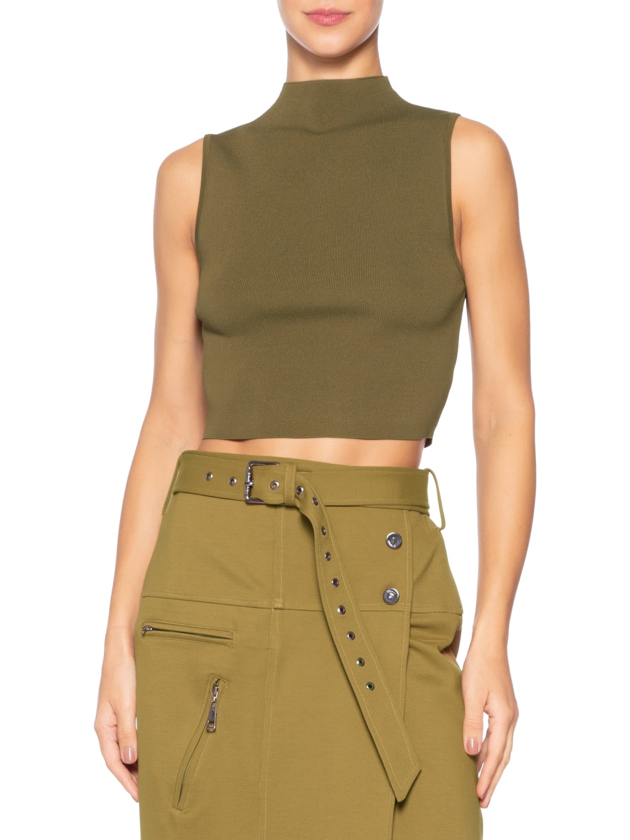 Blusa Feminina Cropped Gola Alta Tricot Color Verde Animale