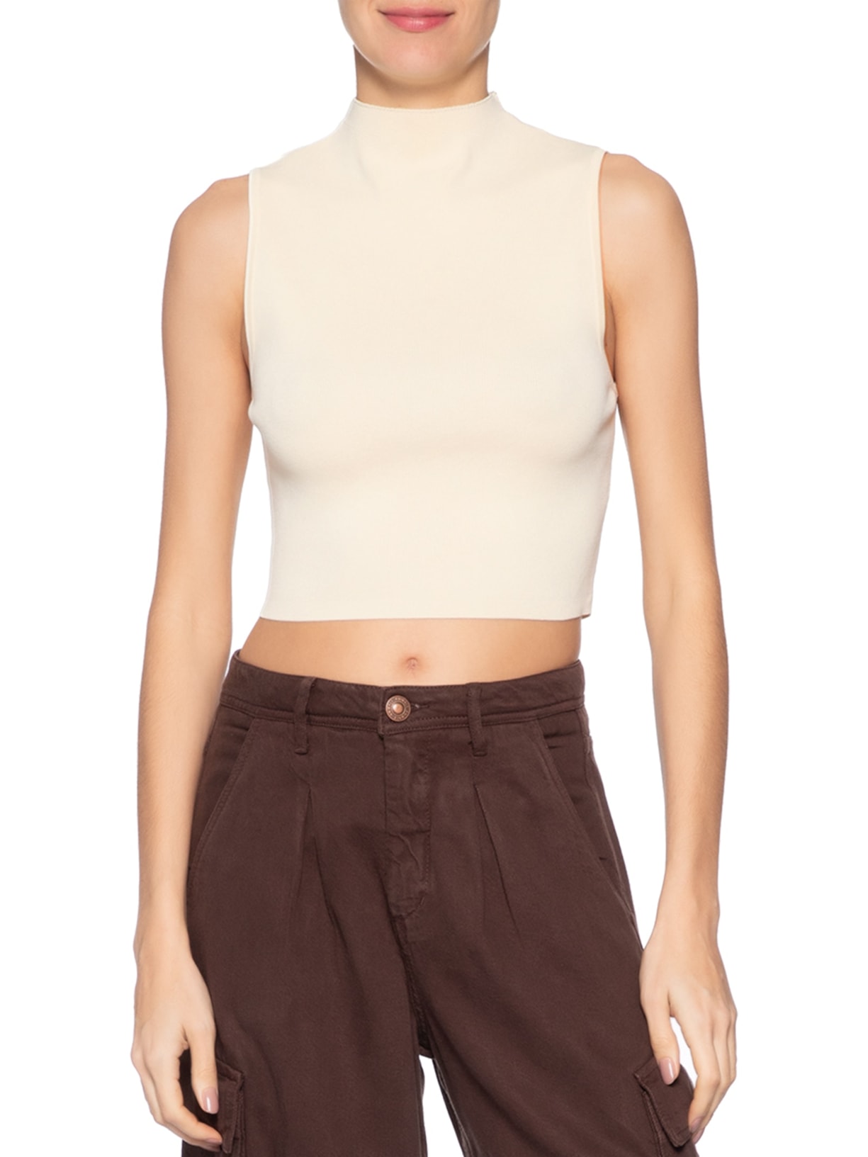 Blusa Feminina Cropped Gola Alta Tricot Color – Off White Animale