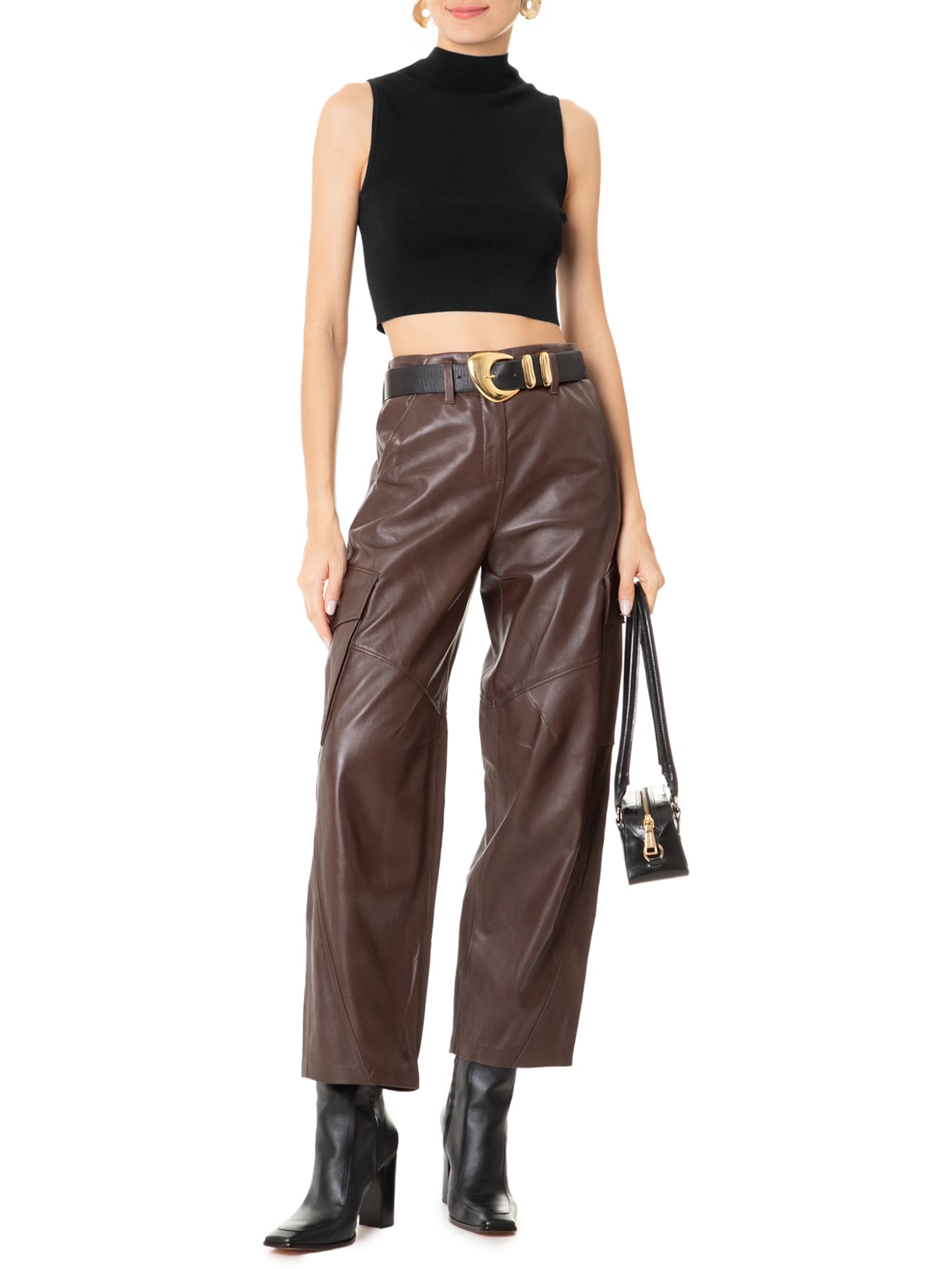 Blusa Feminina Cropped Gola Alta Tricot Preto Animale