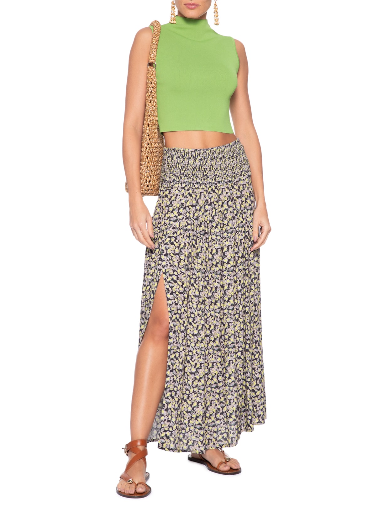 Blusa Feminina Cropped Gola Alta Tricot Verde Animale
