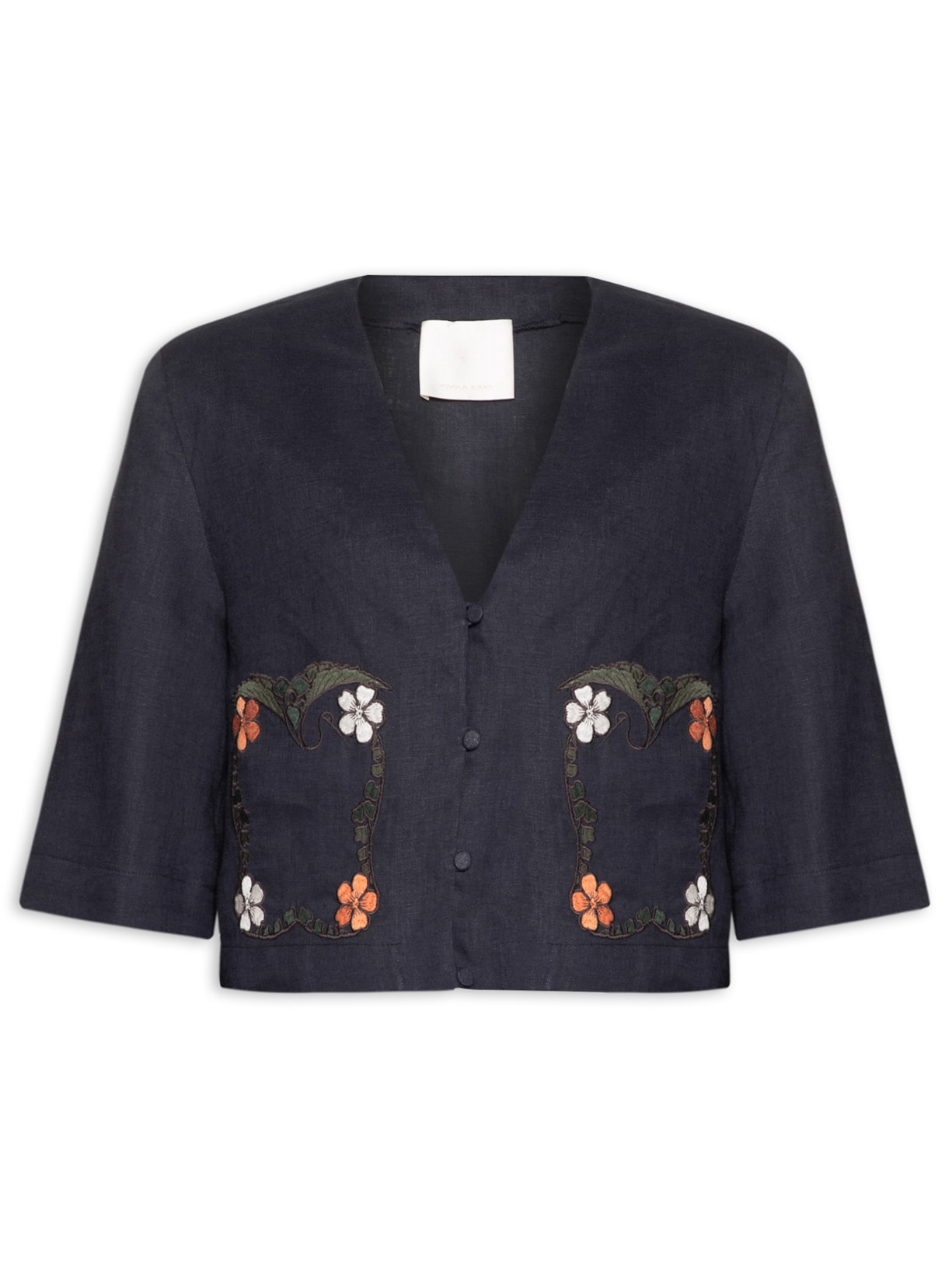 Blusa Feminina Cropped Linho Bordado - Azul