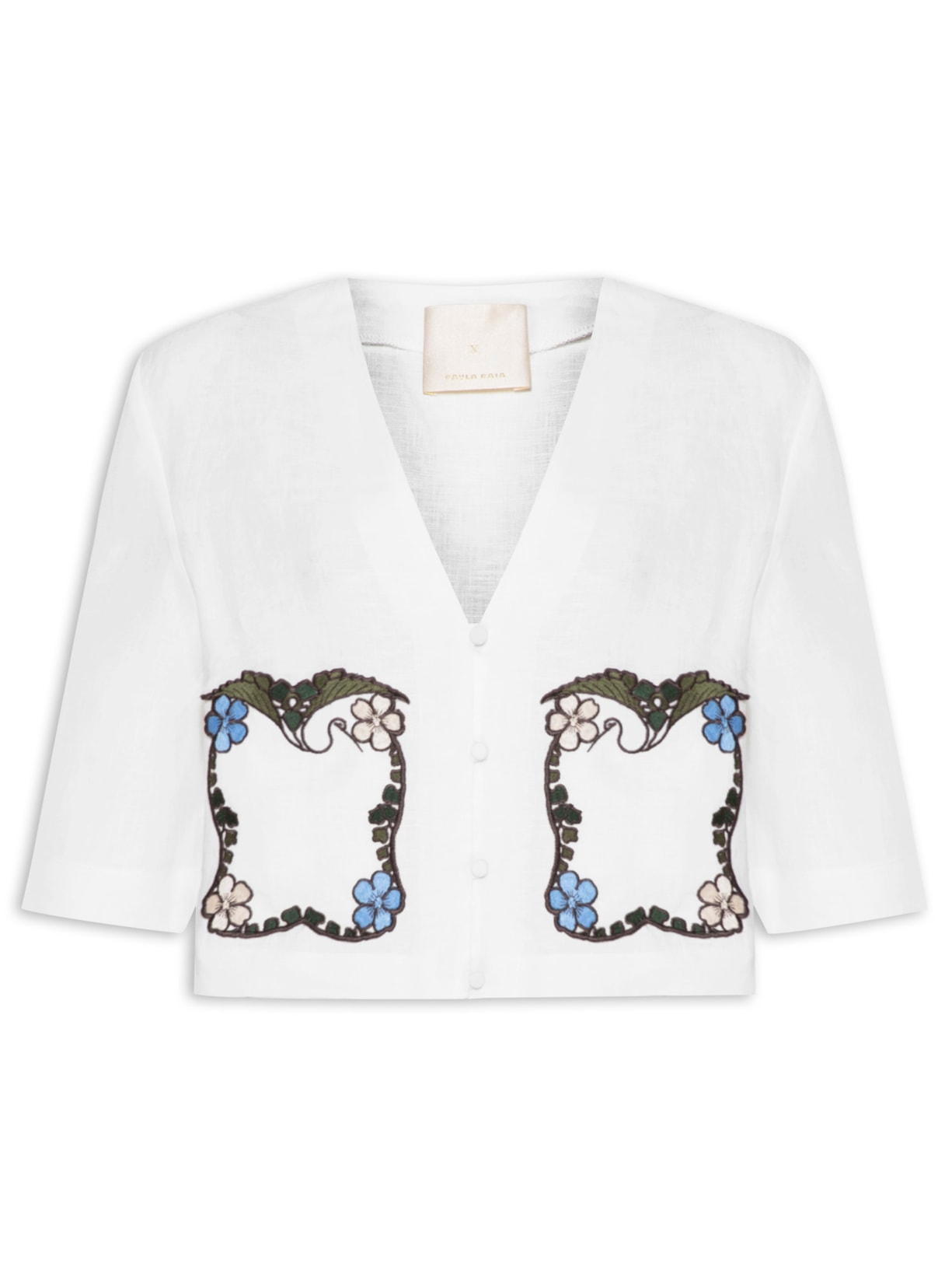 Blusa Feminina Cropped Linho Bordado - Branco