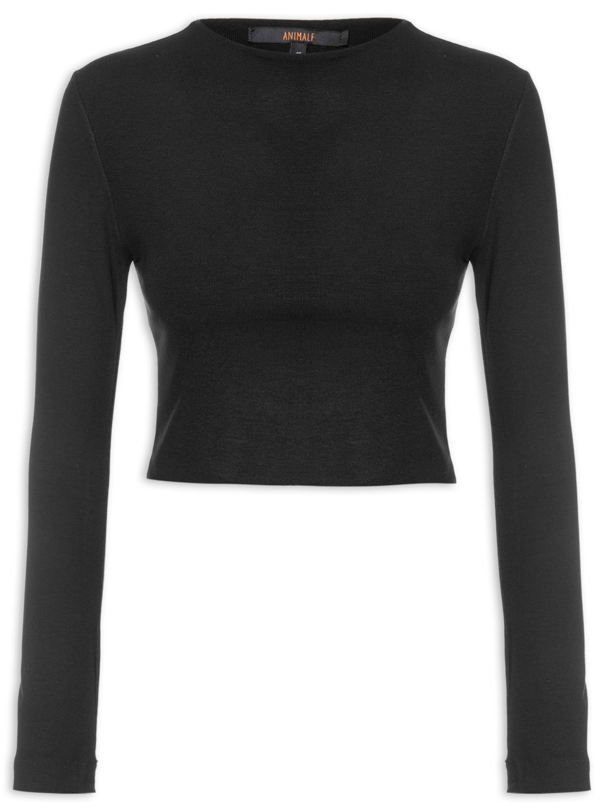 Blusa Feminina Cropped Malha Manga Longa Básico - Preto