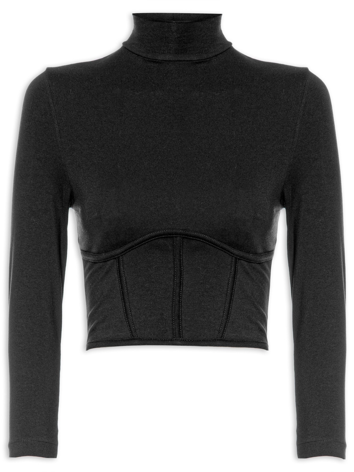 Blusa Feminina Cropped Manga 1/3 Frisos Busto - Preto