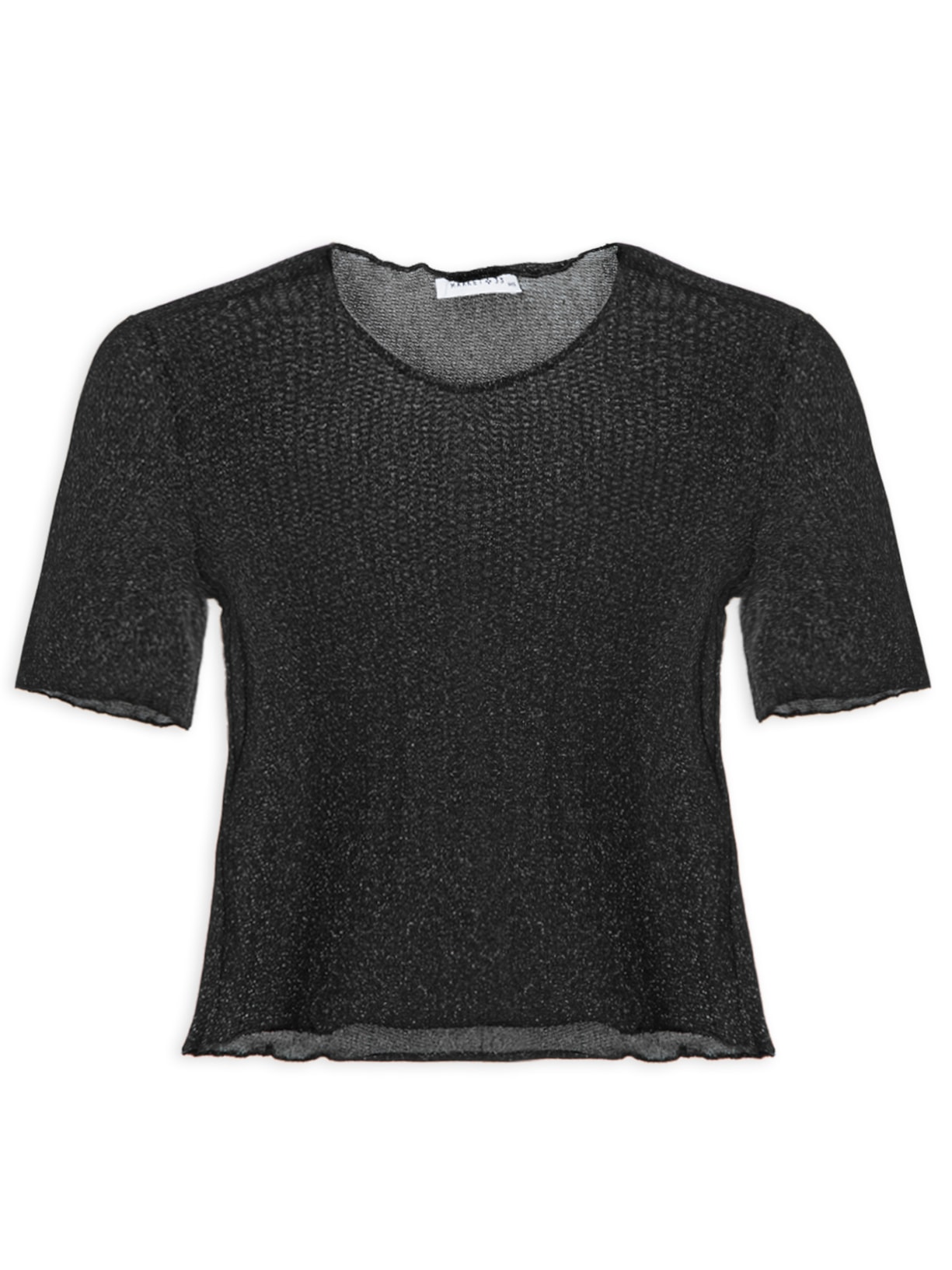 Blusa Feminina Cropped Manga Curta Em Tule - Preto