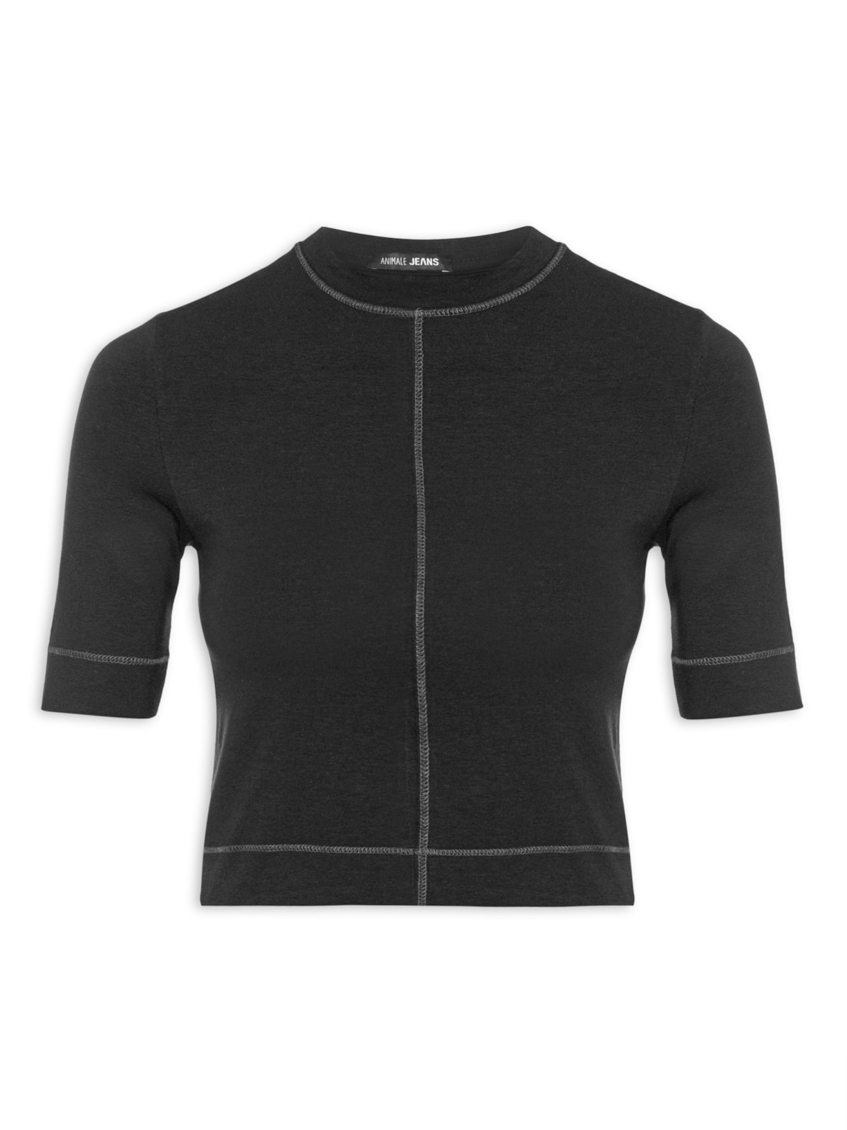 Blusa Feminina Cropped Manga Curta Recorte Central - Preto