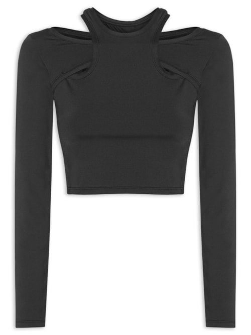 Blusa Feminina Cropped Manga Longa Action Skin - Preto