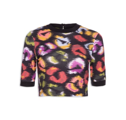 Blusa Feminina Cropped Onça De Cor - Preto