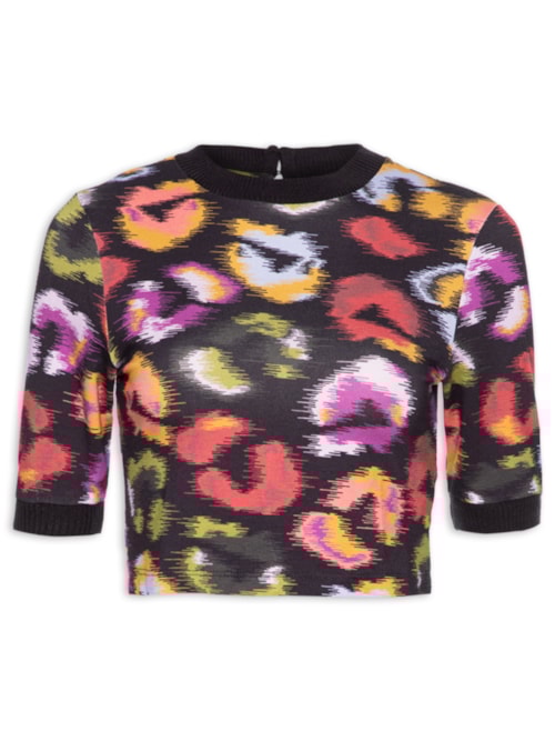 Blusa Feminina Cropped Onça De Cor - Preto