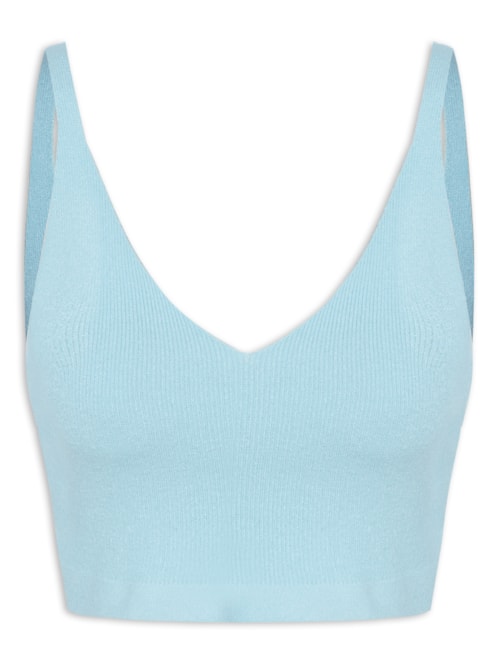 Blusa Feminina Cropped Sem Manga Em Tricot - Azul