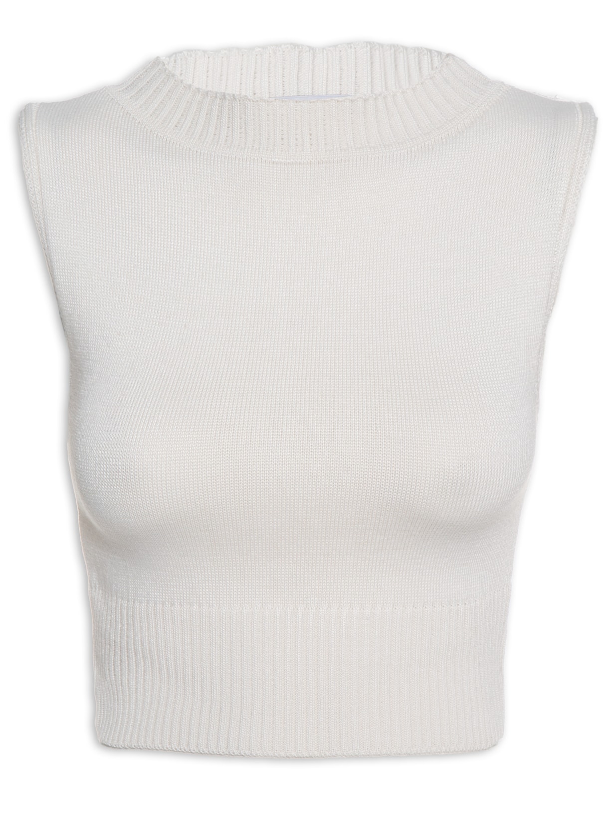 Blusa Feminina Cropped Sem Manga Gola Alta Tricot - Branco