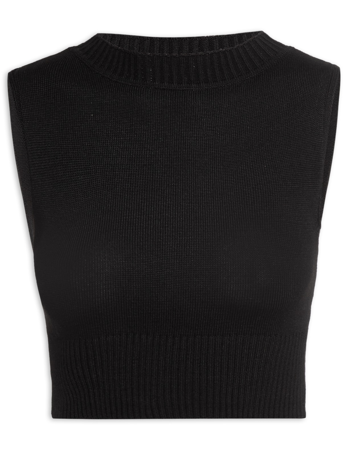 Blusa Feminina Cropped Sem Manga Gola Alta Tricot - Preto