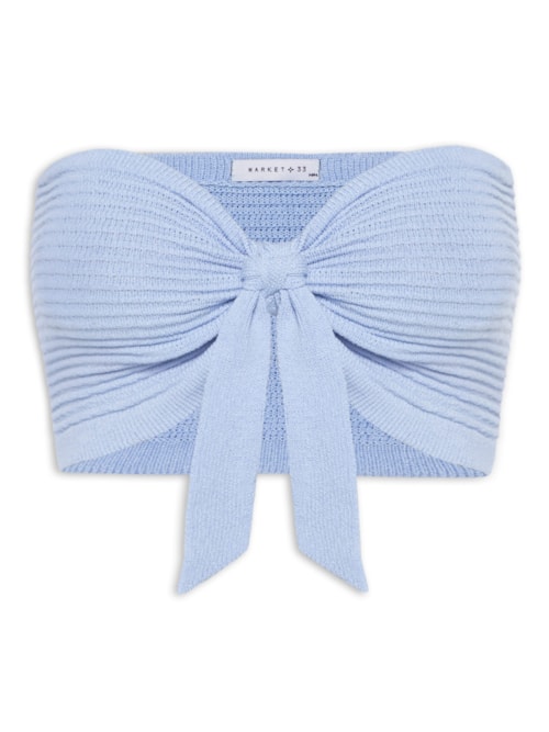 Blusa Feminina Cropped Tricot Com Amarração - Azul