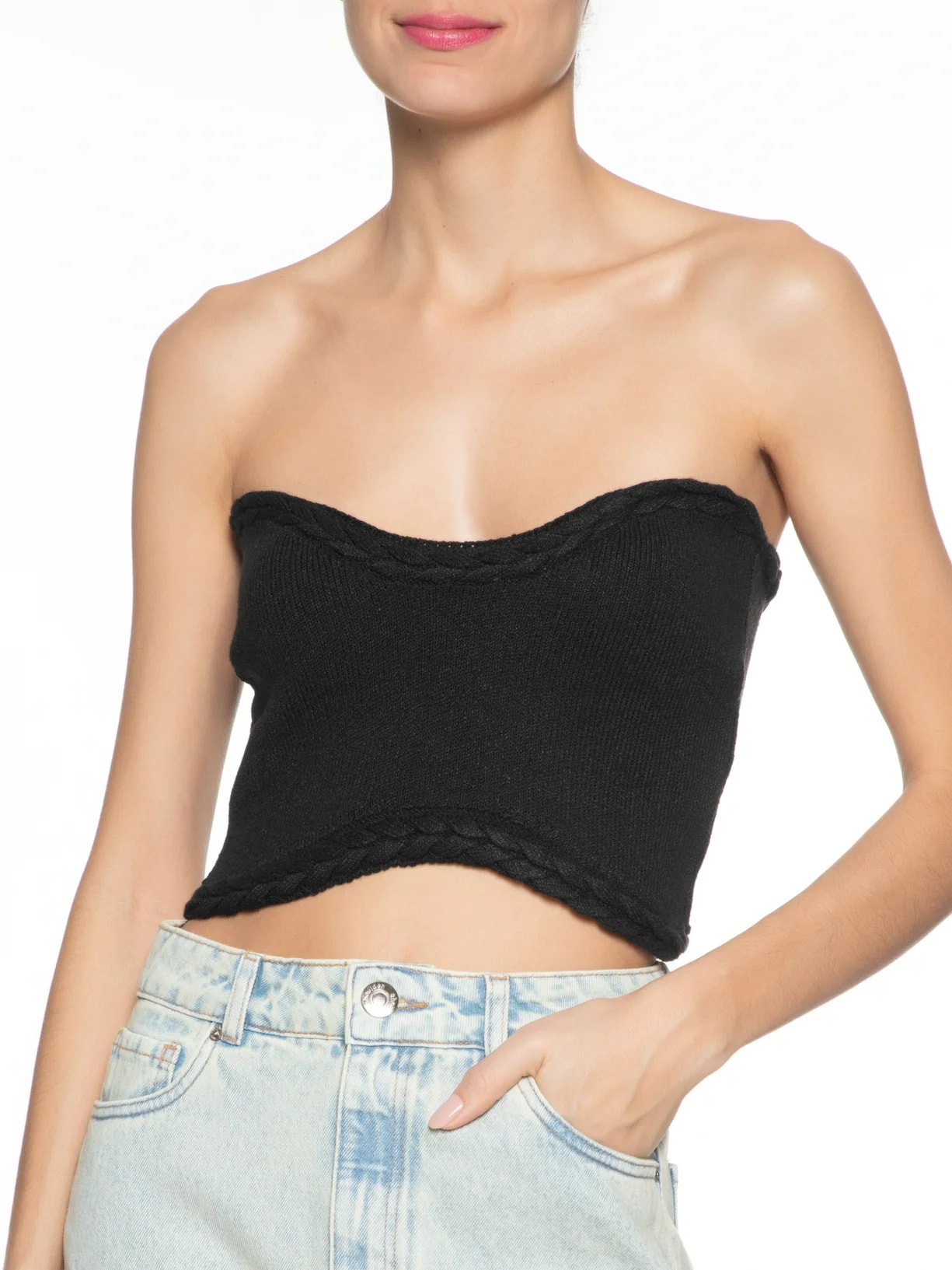 Blusa Feminina Cropped Tricot Trançado Preto Market 33