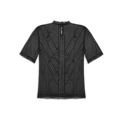 Blusa Feminina De Algodão De Manga Curta Gola Alta Com Entremeios - Preto