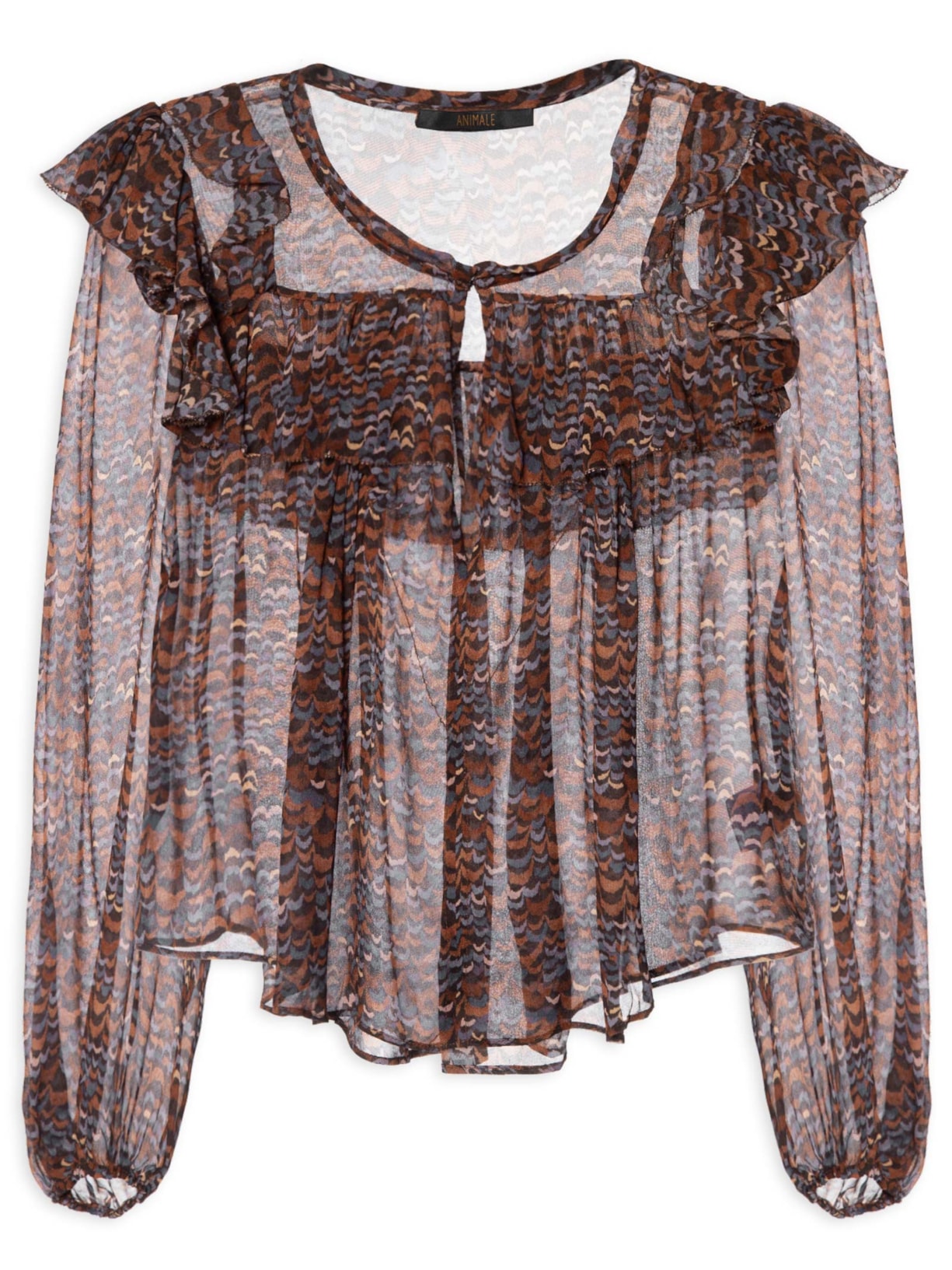 Blusa Feminina De Georgette Estampada Manga Longa Com Babados Roxo Animale