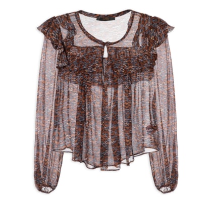 Blusa Feminina De Georgette Estampada Manga Longa Com Babados - Roxo