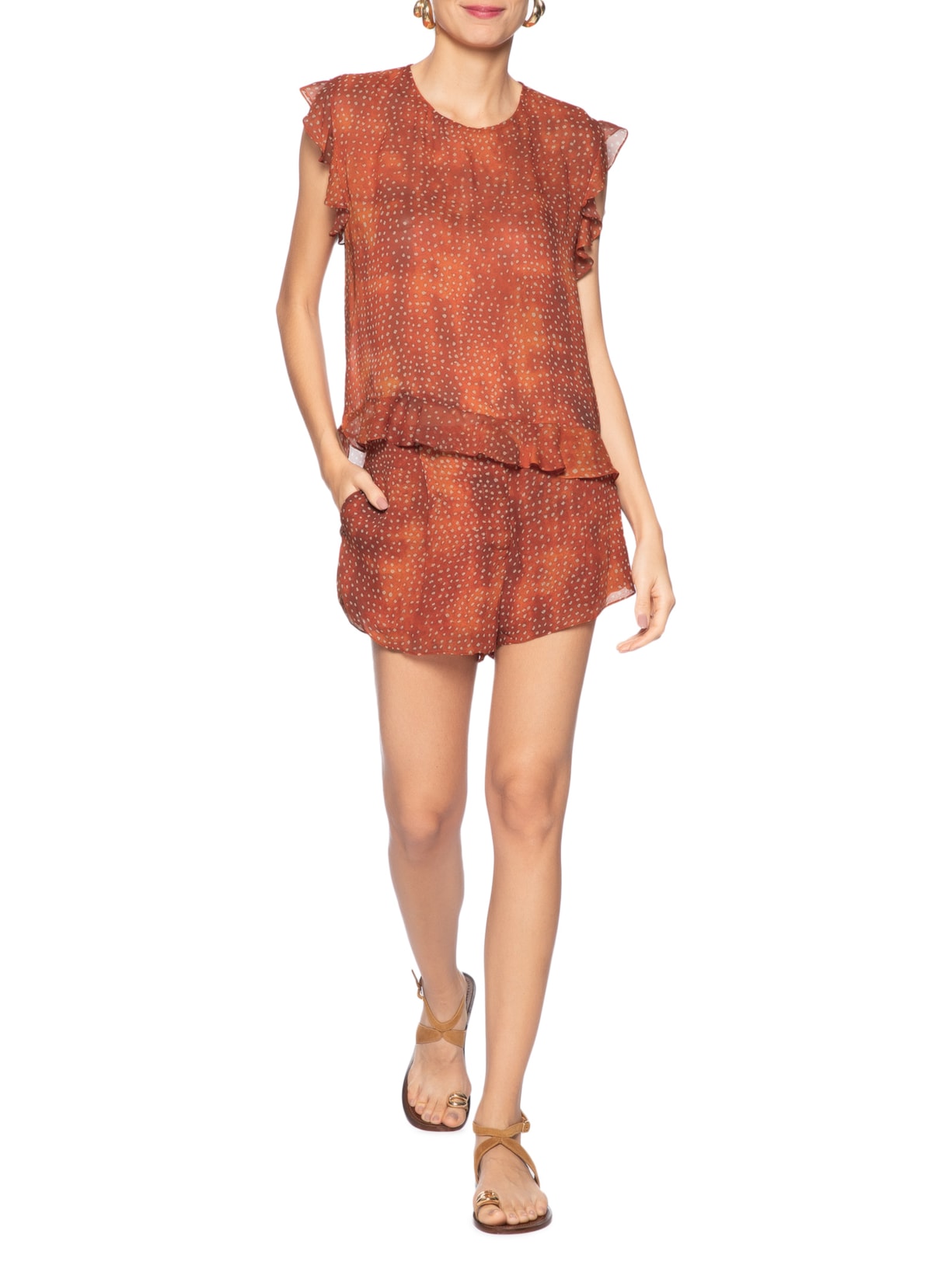 Blusa Feminina de Georgette Leve Babados Estampada Laranja Animale