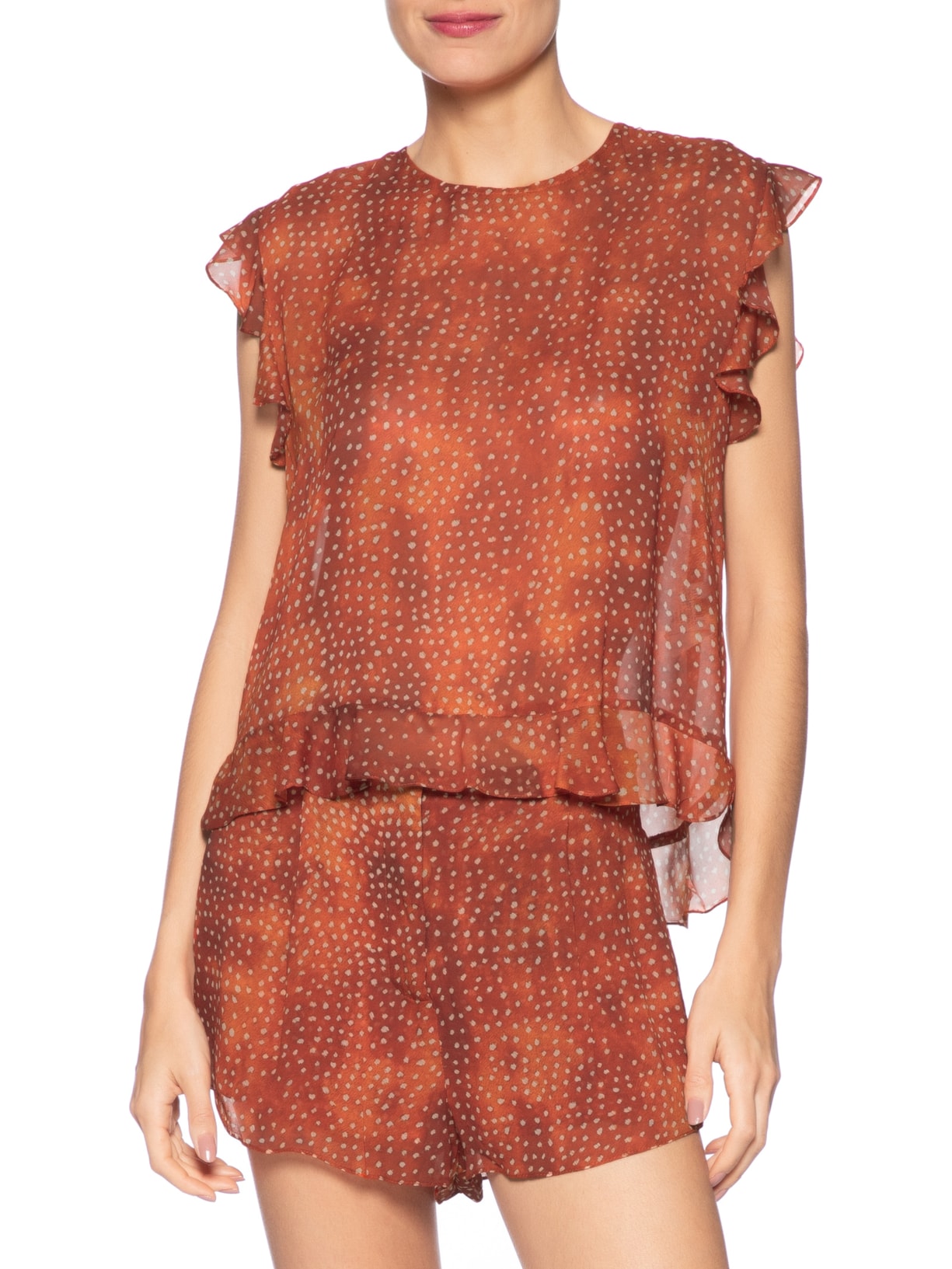 Blusa Feminina de Georgette Leve Babados Estampada Laranja Animale