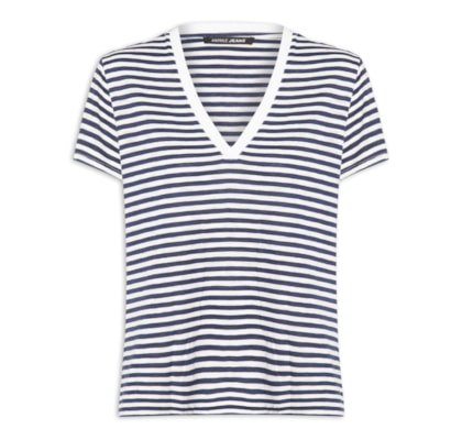 Blusa Feminina De Malha Listrada Decote V - Azul