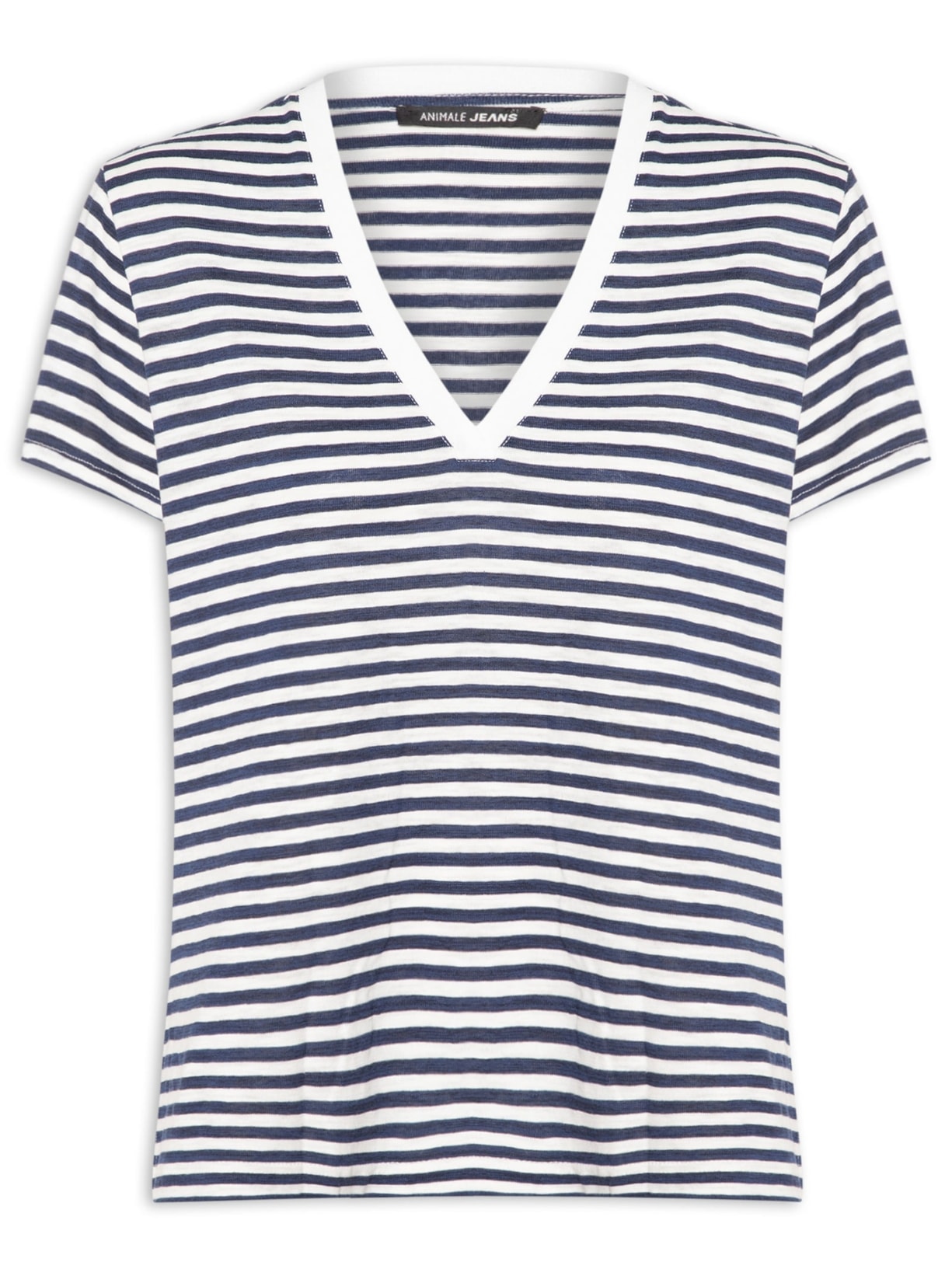 Blusa Feminina De Malha Listrada Decote V - Azul