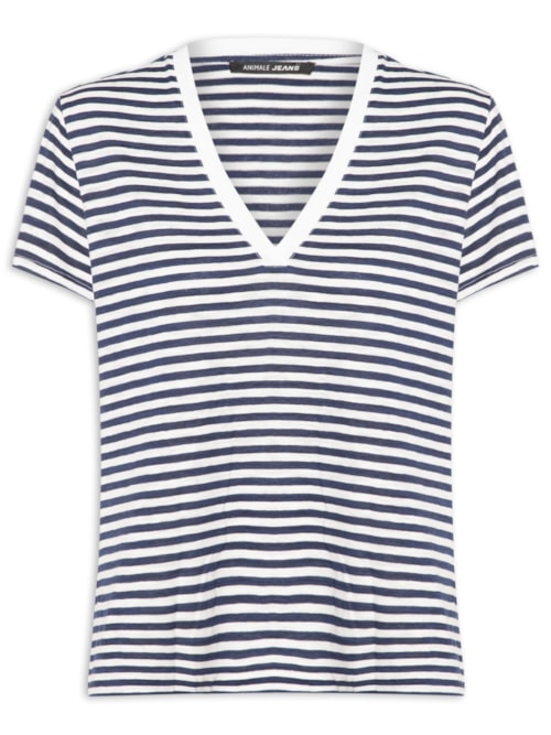 Blusa Feminina De Malha Listrada Decote V - Azul