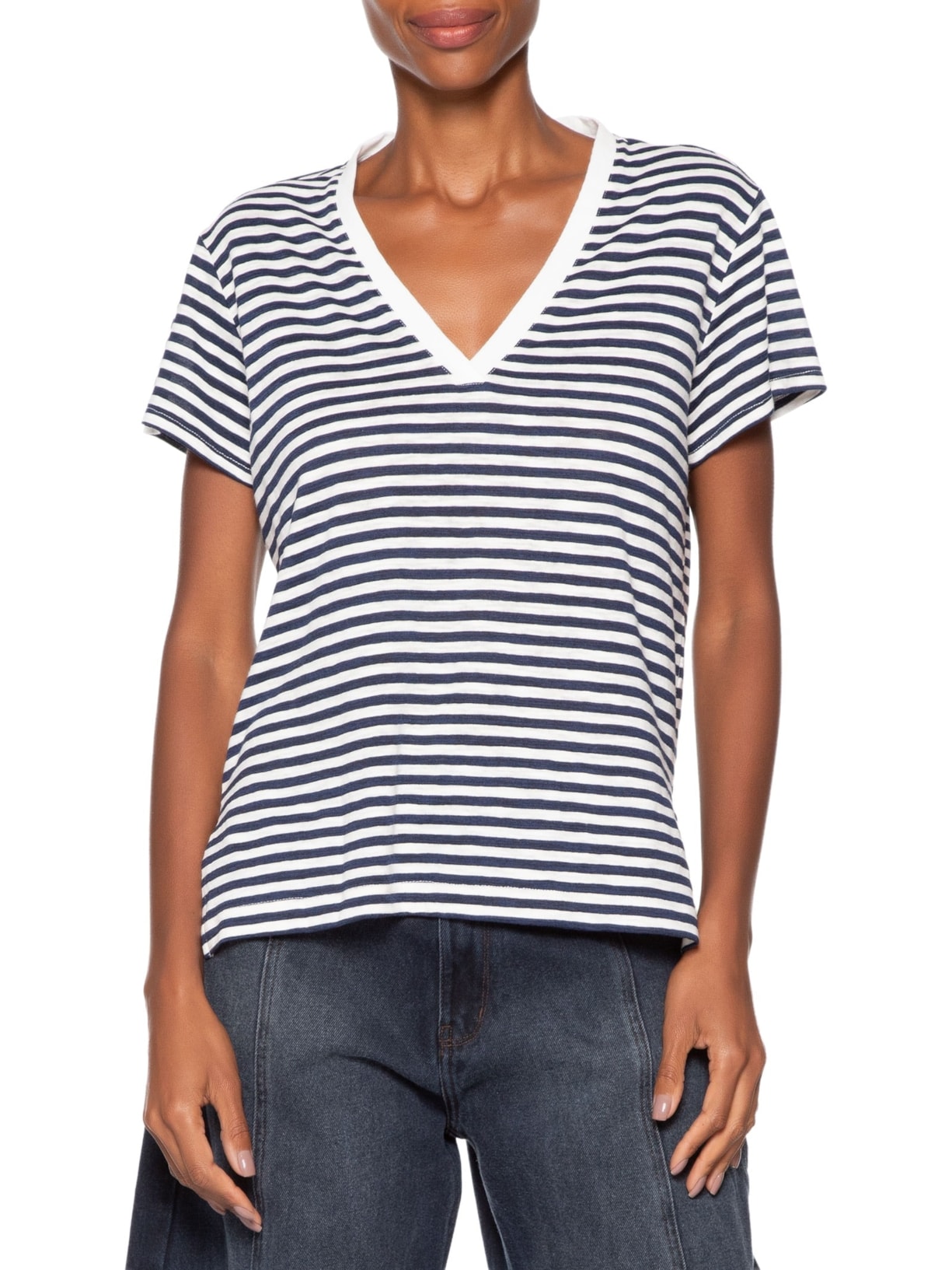 Blusa Feminina De Malha Listrada Decote V Azul Animale Jeans